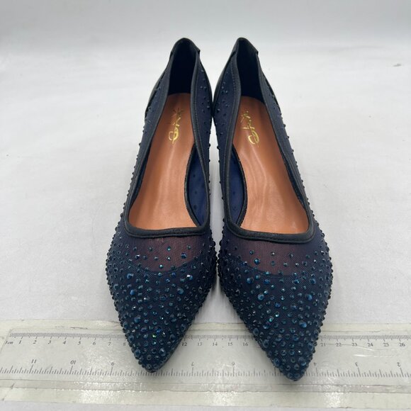 XYD Navy Pointed Toe Slip On Mesh Pumps Rhinestone Studs Kitten Heels Shoes - Picture 3 of 8
